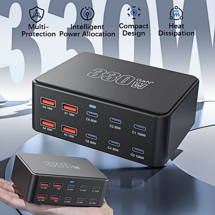Incarcator Rapid GaN 330W, MOSMAOO®, Statie de Incarcare USB cu 10 Porturi, Cu PD 100 W, 30 W QC3.0 18 W Incarcare Rapida, Pentru Dispozitive Multiple, Compatibil MacBook Pro/Air, Dell XPS, iPhone, iPads, Steam Deck