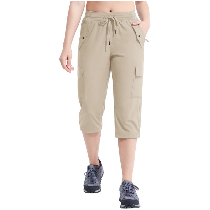 Pantaloni sport dama, 3/4, impermeabili, bej, fabrica respirabila