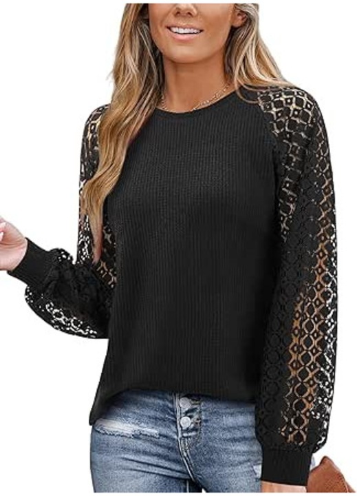 Bluza dama, maneca lunga, decolteu rotund, elegant, negru, dantela, M INTL