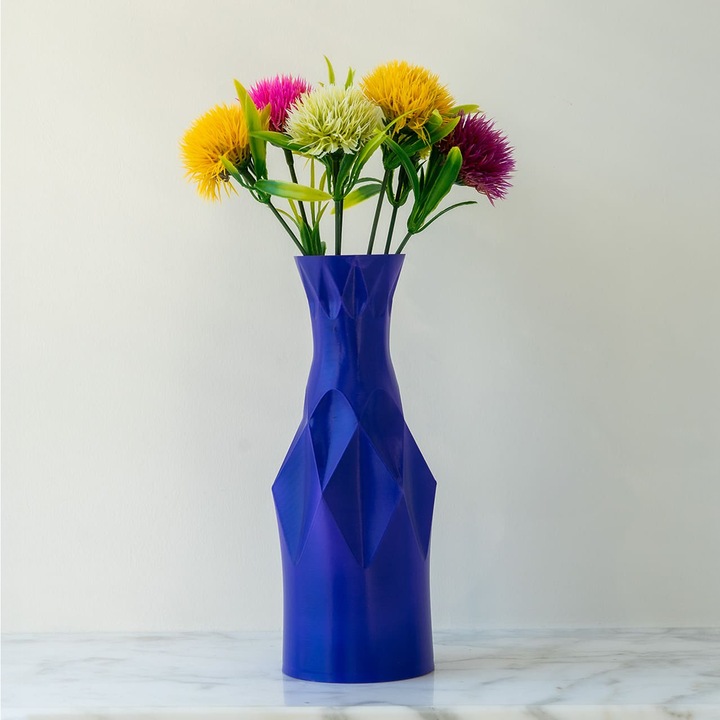 Vaza Decorativa Zora, Flori incluse, 7 Papadii Multicolore Artificiale, Pictata Manual, Felicitare inclusa, 20 x 7 x 7 cm, Violet