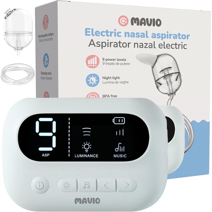 Aspirator Nazal Electric Mavio® pentru Bebelusi si Copii, 9 Trepte de Putere Ajustabile, Functie Muzicala si Lumina de Veghe, Reincarcabil, Varfuri din Silicon Moale, Portabil