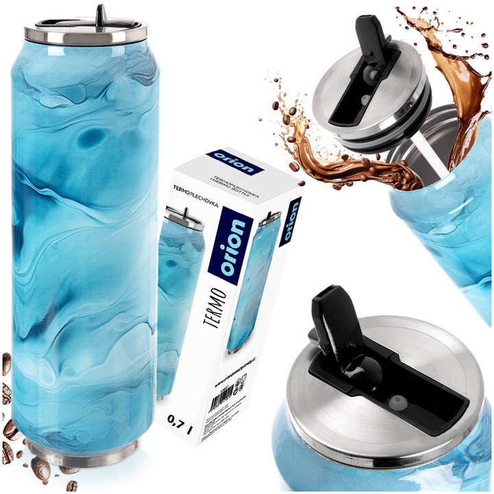 Termosz, Orion, 700 ml űrtartalom, 7.5x21 cm, rozsdamentes acélból készült, 12 órán át melegen tartja a forró italokat, 8 órán át hidegen a hideg italokat, légmentesen záródó tömítéssel, tartalék csővel, kék