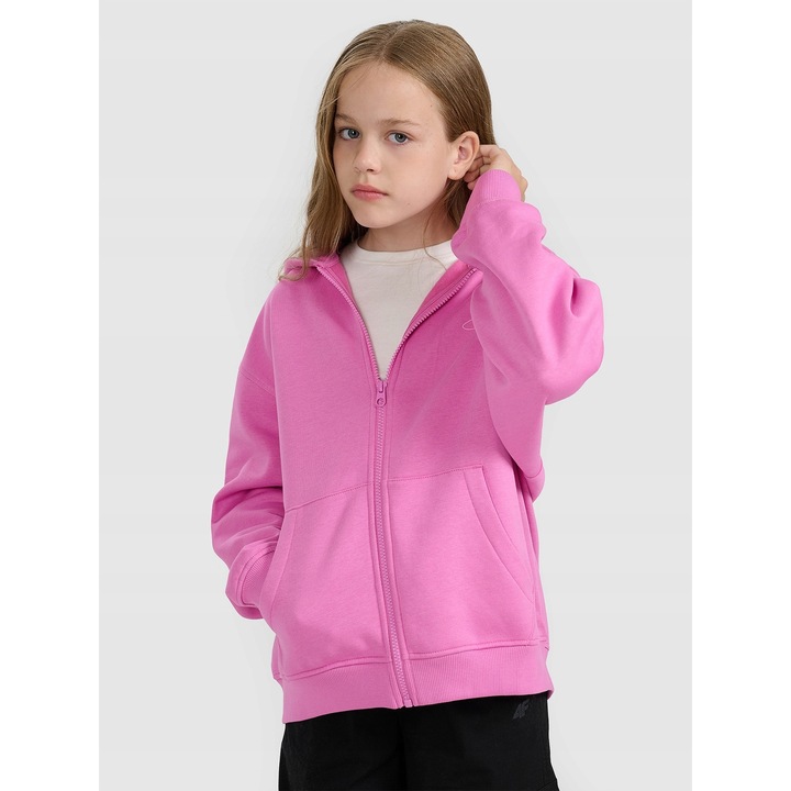 4F lány pulóver, rózsaszín, pamut, oversize szabás, beépített kapucni, 146 CM