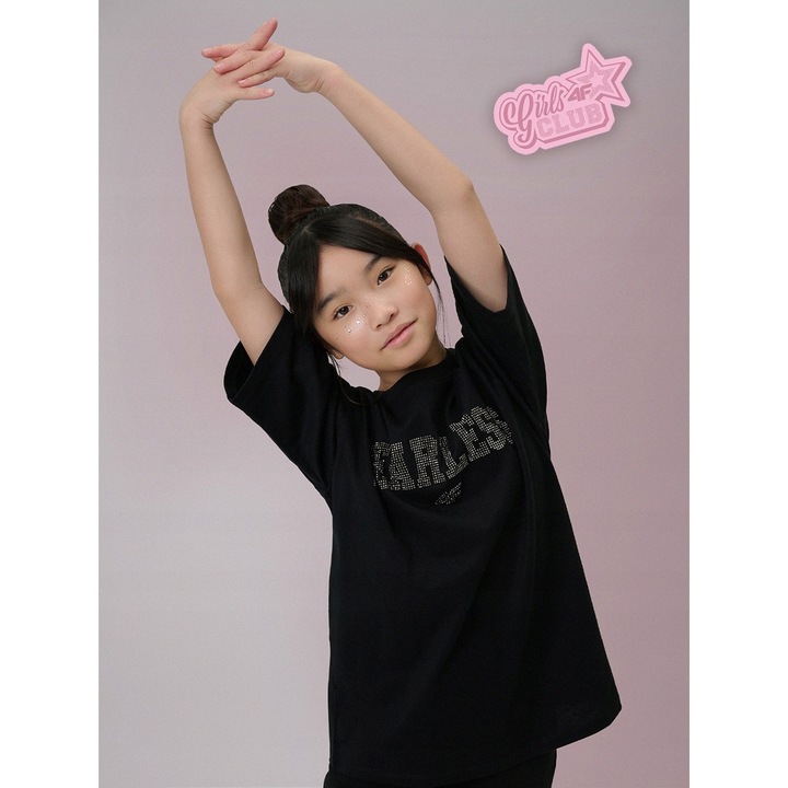 Gyermek póló, 4F, laza, fekete, pamut, csillogó rátétek