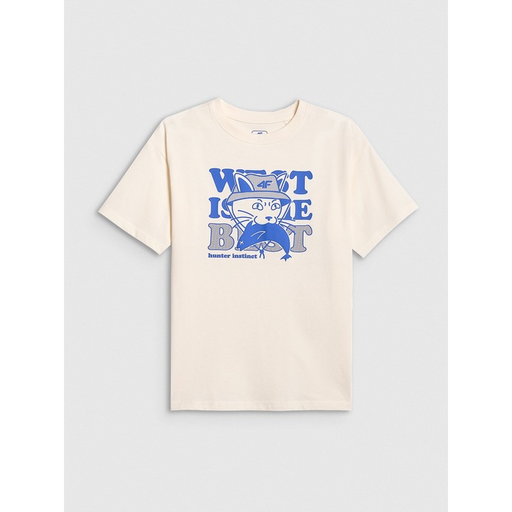 4F gyermek fehér pamutpóló, bő szabású, mintás