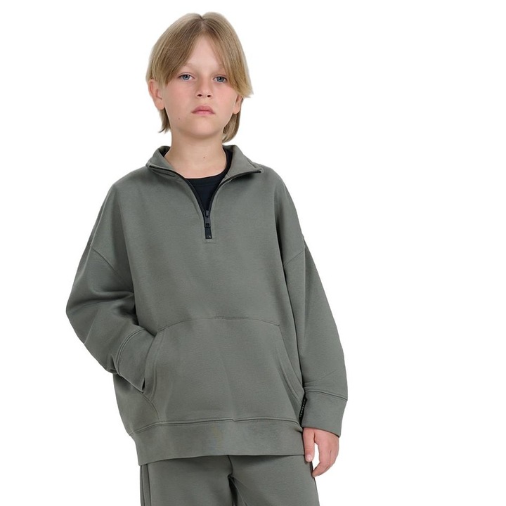 Gyermek kapucnis pulóver, 4F, magas gallér cipzárral, szürke, pamut/poliészter