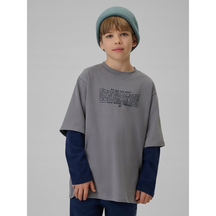 Gyermek póló, 4F, hosszú ujjú, mintás, szürke, pamut, 122-128 CM