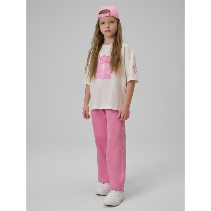 Gyermek póló, 4F, laza, fehér, pamut, csillogó mintával, ejtett ujjak, 158-164 CM