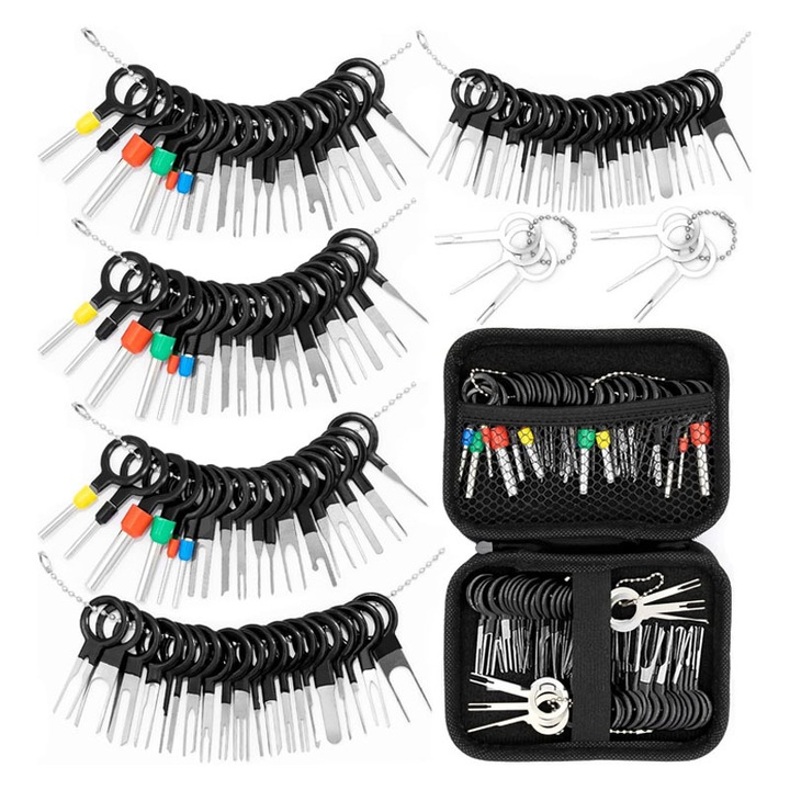 Set 82 extractor pini din mufe auto, Dimensiuni diferite, Multifunctionale, Pentru majoritatea masinilor, Motocicletelor si altor dispozitive electronice, Otel/Plastic, Negru