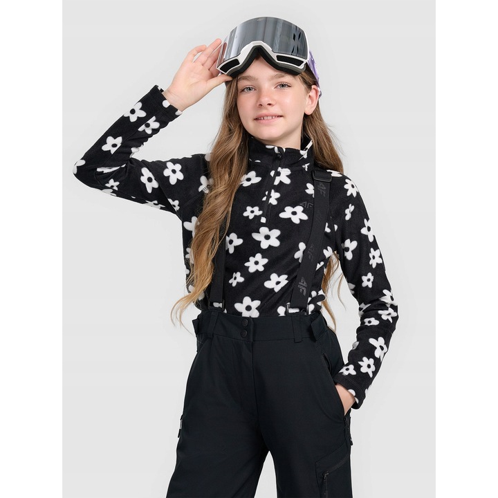 Sportos lány pulóver, 4F, fleece, fekete/fehér