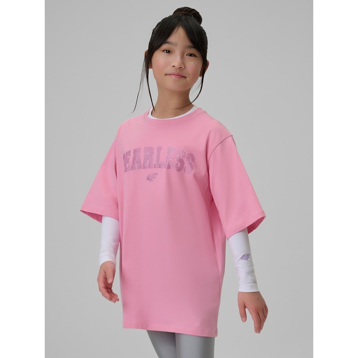 Gyermek póló, 4F, laza, csillogó rátétek, rózsaszín, pamut