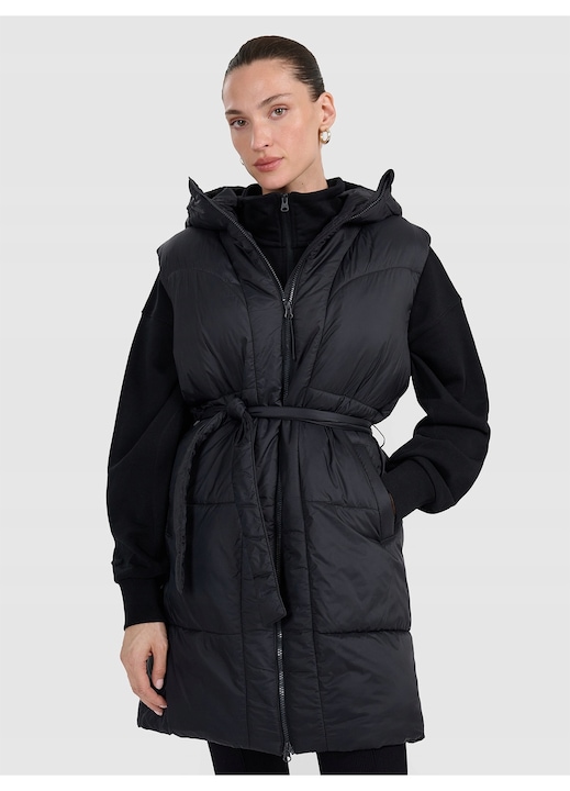 Дълга пухена жилетка 4F, черна, качулка, хидрофобна, полиестер, за жени, XS INTL