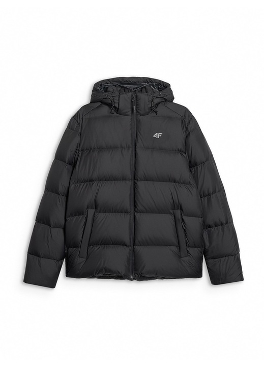Geaca de puf barbati 4F, neagra, umplutura naturala, poliester, croiala regulara