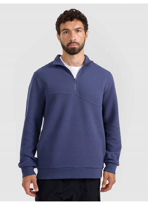 Férfi pulóver 4F, tengerészkék, laza szabású, állógallér, gofri kötés, poliészter