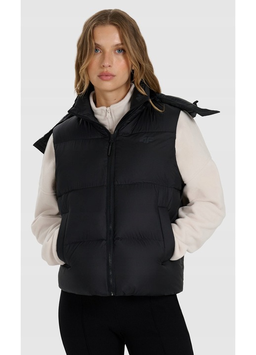 Vesta de puf 4F pentru femei, negru, umplutura naturala, croiala oversize