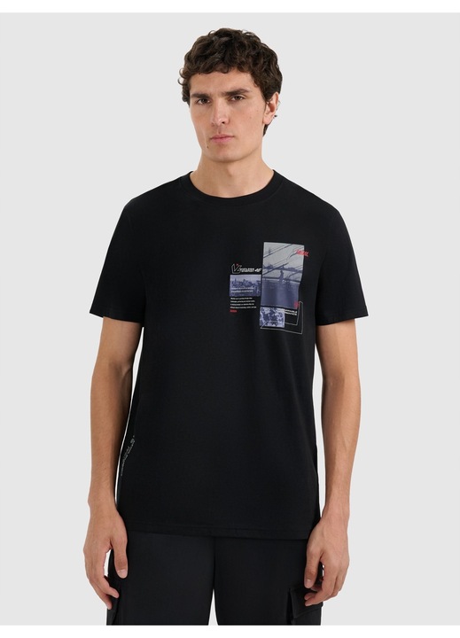 Férfi póló 4F, kényelmes pamut, fekete, nyomtatott, S INTL