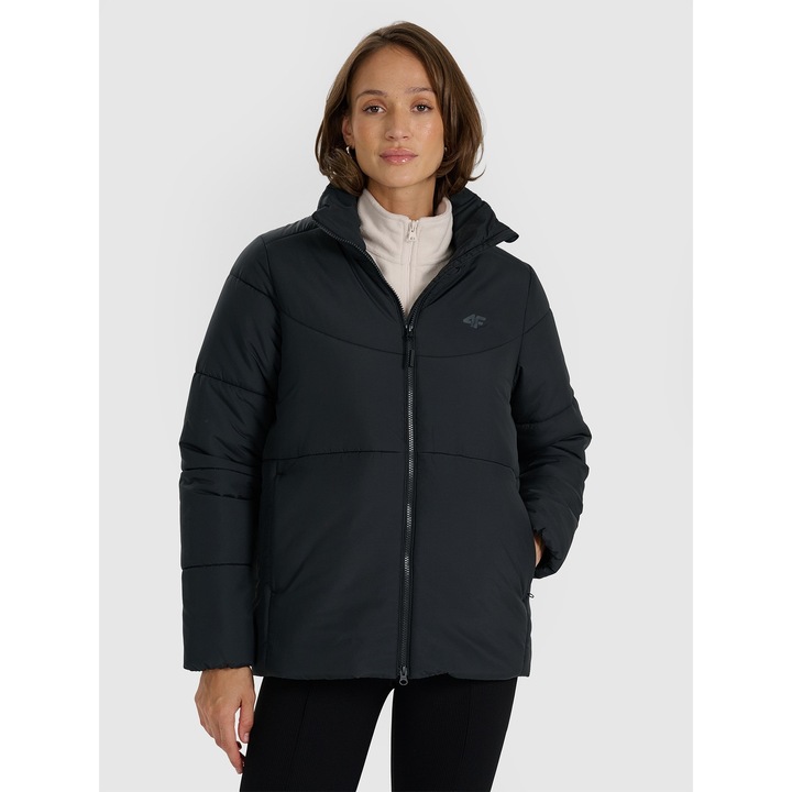 4F női pehelykabát, fekete, poliészter, normál szabású, szintetikus töltet