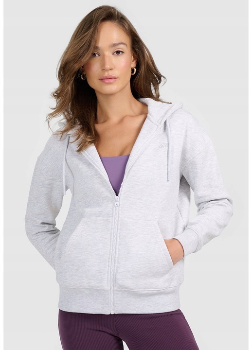 Női kapucnis pulóver, 4F, cipzárral és kapucnival, szürke, pamut