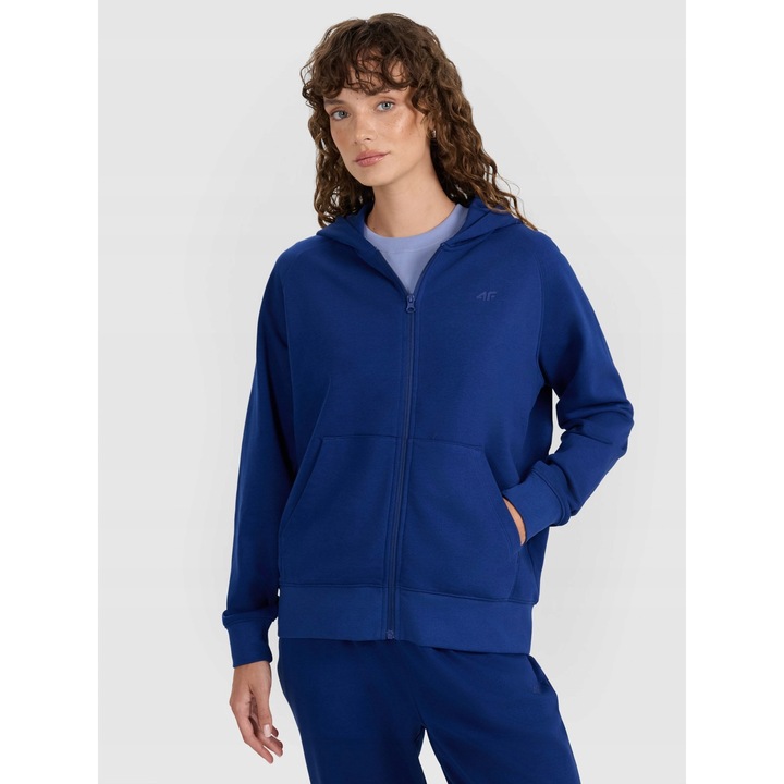 Női sport pulóver, 4F, tengerészkék, pamut és poliészter, cipzárral és kapucnival