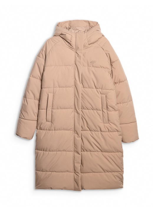 Geaca puf 4F pentru femei, bej, hidrofob, captusit, cu gluga ajustabila