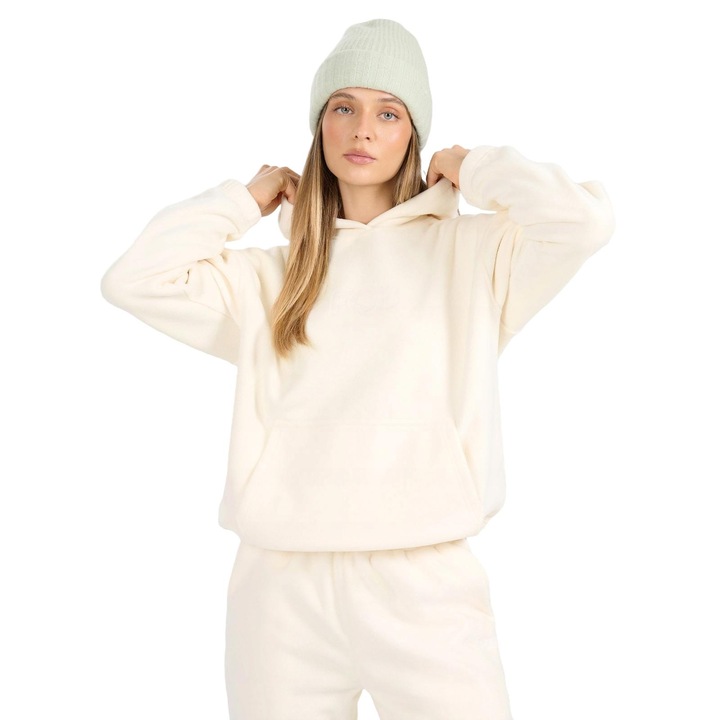 Női sport pulóver 4F, laza polár kapucnival, fehér, 4FWarm technológia, állítható