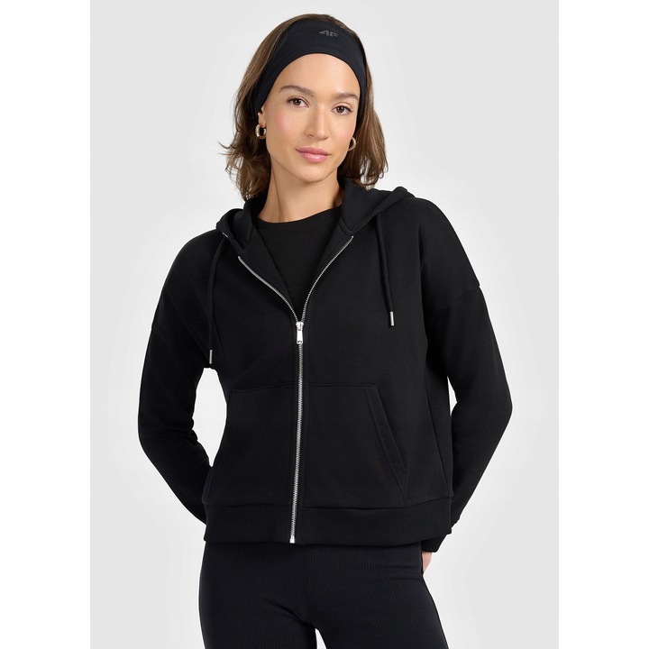 Női 4F pulóver, fekete, pamut, kapucnis, 2 zsebes