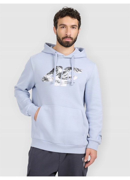 Férfi kapucnis pulóver 4F, kék, állítható kapucni, bolyhos anyag, pamut