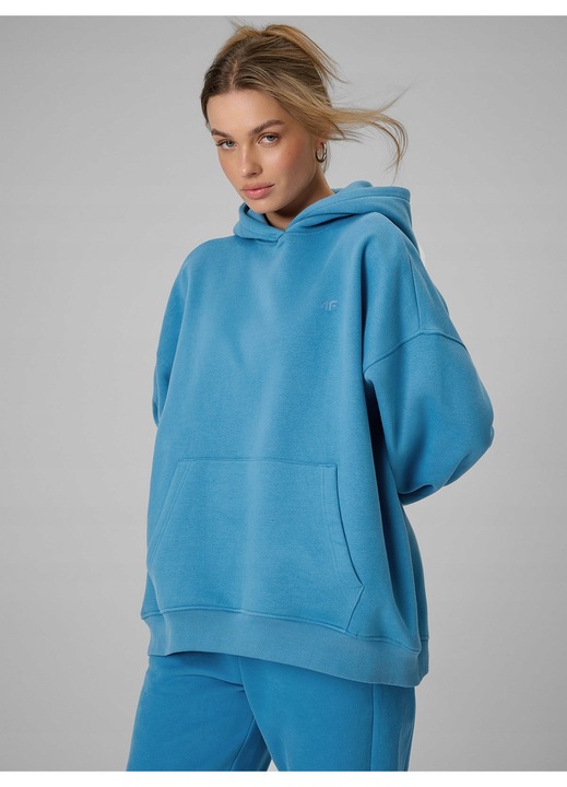 Női kapucnis pulóver, 4F, kapucnis, laza szabású, kék, pamut, M
