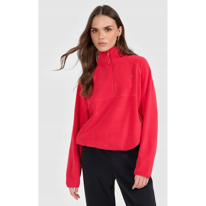 Női sport pulóver, 4F, regular, piros, poliészter, kapucni nélkül, kenguru zsebbel