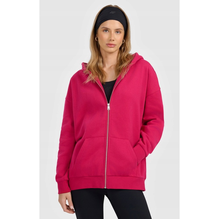 Női kapucnis pulóver, 4F, cipzáras és kapucnis, rózsaszín, pamut