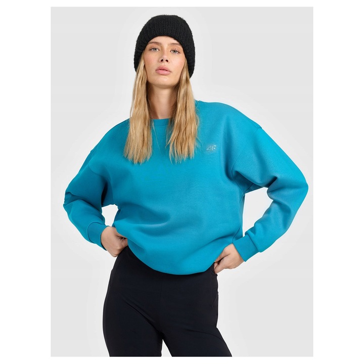 Női 4F pulóver, türkiz, pamut, normál szabású, kapucni nélkül