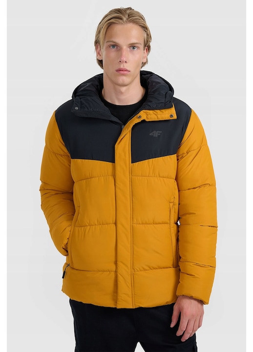 Férfi pehelykabát 4F, sárga, szintetikus töltet, modern dizájn, kapucnival, XL INTL