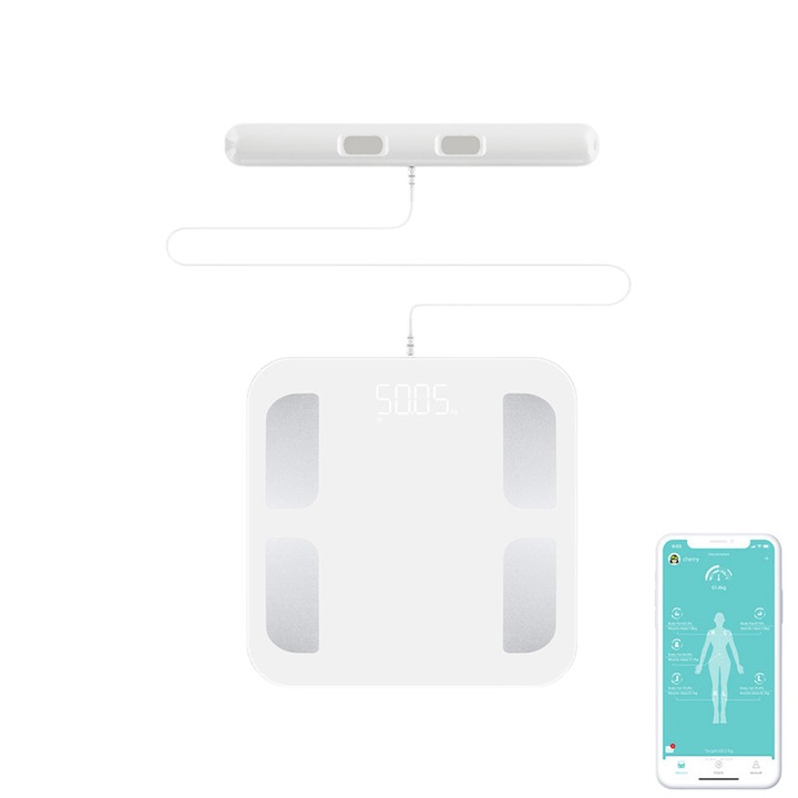 Cantar de baie electronic, MOWO, FG201WB, Inteligent, 8 electrozi, Maner cu senzori, Analiza segmentara, Bluetooth, Aplicatie Fitdays, Alb