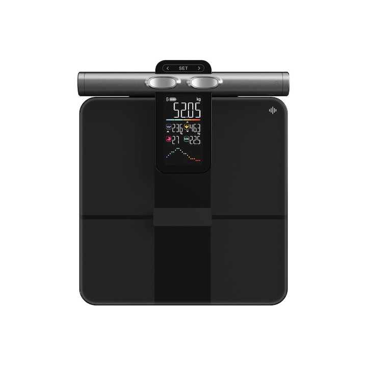 Cantar corporal inteligent, MOWO, FI2419, Profesional, 8 electrozi, Ecran color pe maner, Analiza corporala completa, Bluetooth, Aplicatie Fitdays, Negru