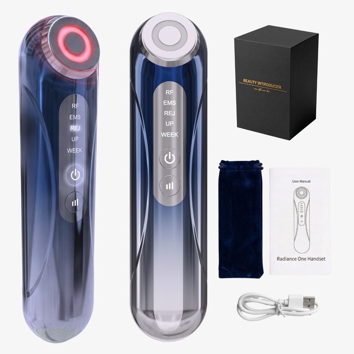 Aparat masaj facial, MOWO, DR06, 5 in 1, Radiofrecventa RF 1MHz, Electrostimulare EMS, Terapie lumina, Dispozitiv intinerire ten, Tratament antirid, Albastru