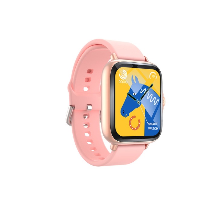 Ceas inteligent Voinap, 1.83" HD, monitorizare ritm cardiac, tensiune arteriala si SpO2, carcasa metalica, roz