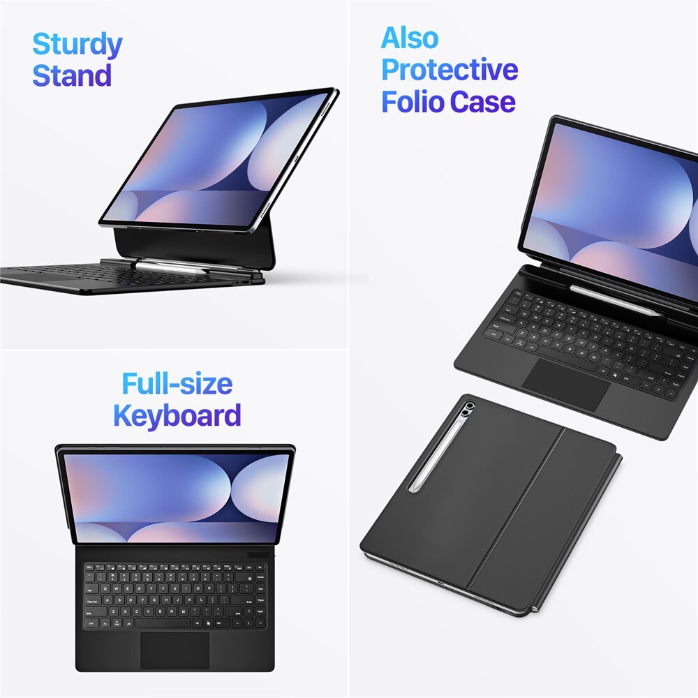 Husa cu tastatura Bluetooth, DuxDucis, pentru Samsung Galaxy Tab S10 Ultra/S9 Ultra/S8 Ultra, negru, cu suport magnetic ajustabil
