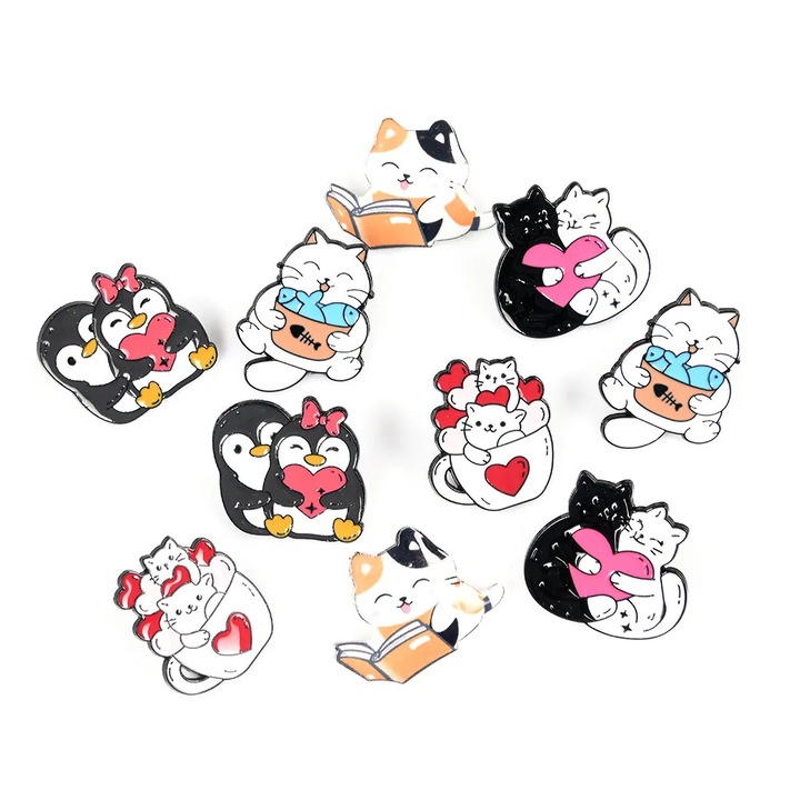 Set 10 brose martisor cu pisici si pinguini