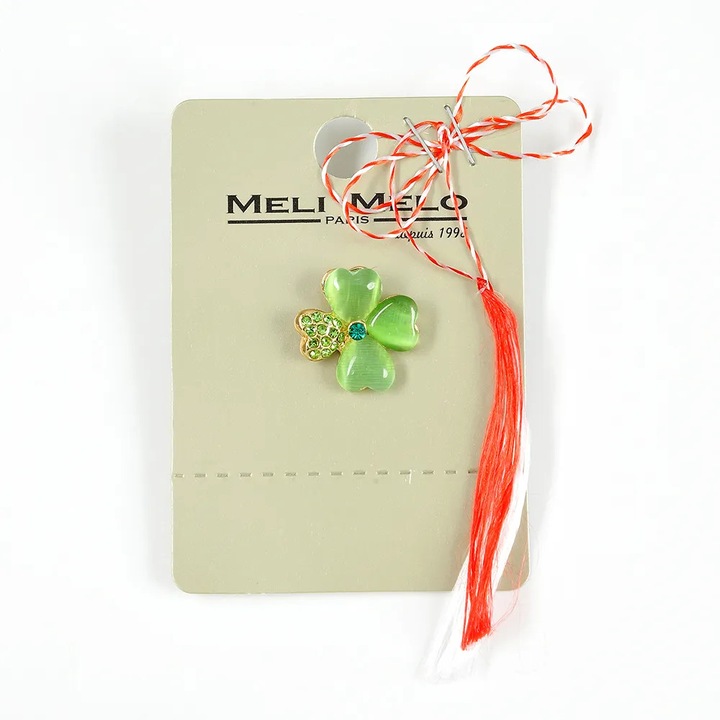 Brosa martisor trifoi, cu pietre, verde-auriu