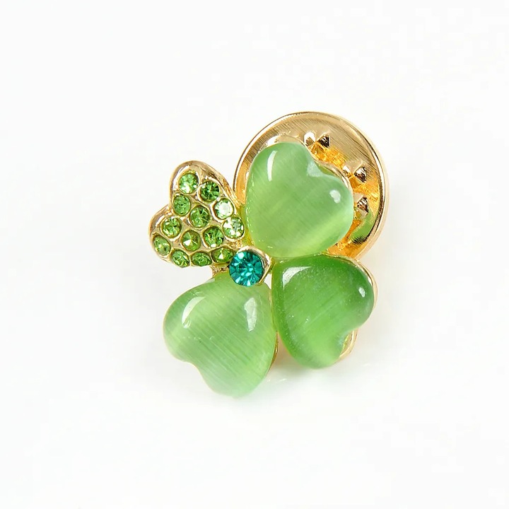 Brosa martisor trifoi, cu pietre, verde-auriu