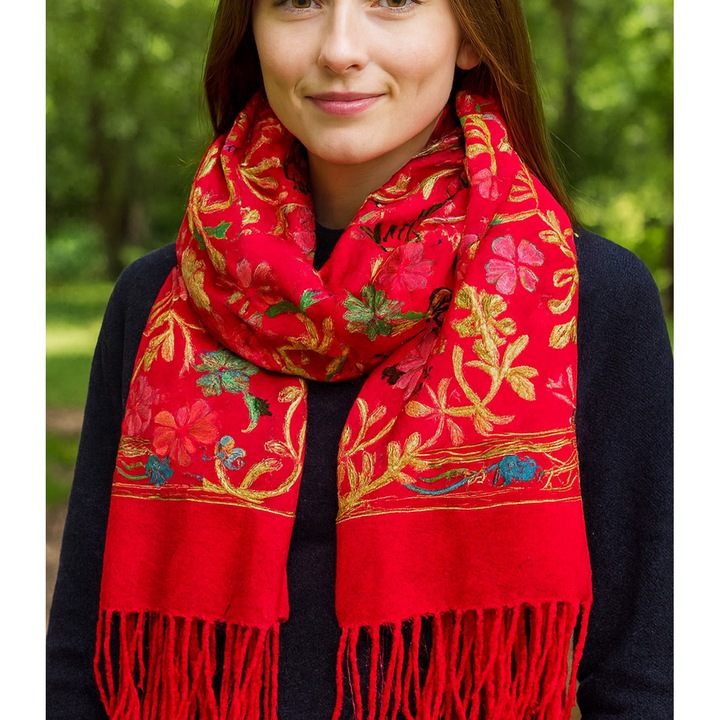 Sal dama rosu din vascoza 100% cu model floral folk si franjuri, 180×70 cm, elegant si versatil, pentru toate anotimpurile – Agrafka unisize