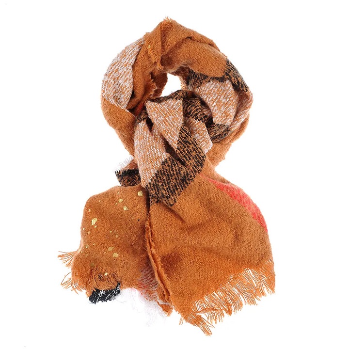 Esarfa eleganta din material texturat cu accente aurii si carouri 65x195 cm