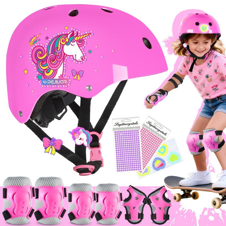 Casca Unicorn Protectie Bicicleta Copii, Set Casca Reglabila 7 in 1, 1 casca, 2 genunchiere, 2 cotiere, 2 protectii pentru incheieturi, pentru Ciclism, Patinaj, Skateboard, 3-6 ani, S 48-52cm, Roz