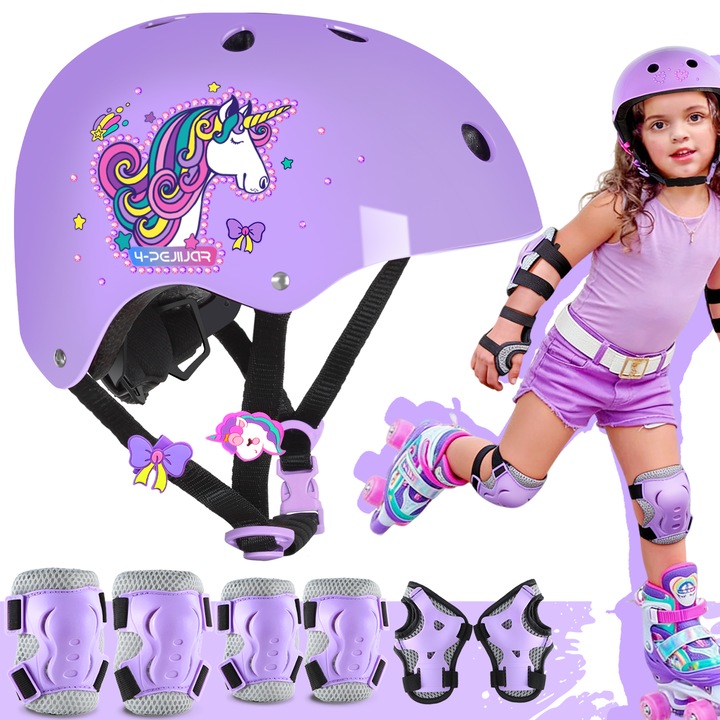 Casca Unicorn Protectie Bicicleta Copii, Set Casca Reglabila 7 in 1, 1 casca, 2 genunchiere, 2 cotiere, 2 protectii pentru incheieturi, pentru Ciclism, Patinaj, Skateboard, 3-6 ani, S 48-52cm, Mov