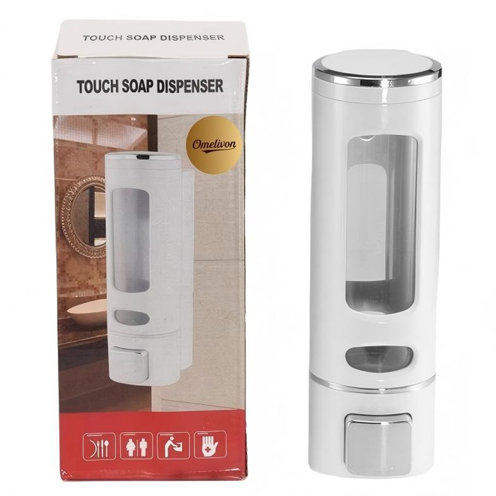 Folyékony szappanadagoló, Omelivon, 400ml, ABS, falra szerelhető, fehér kókusz