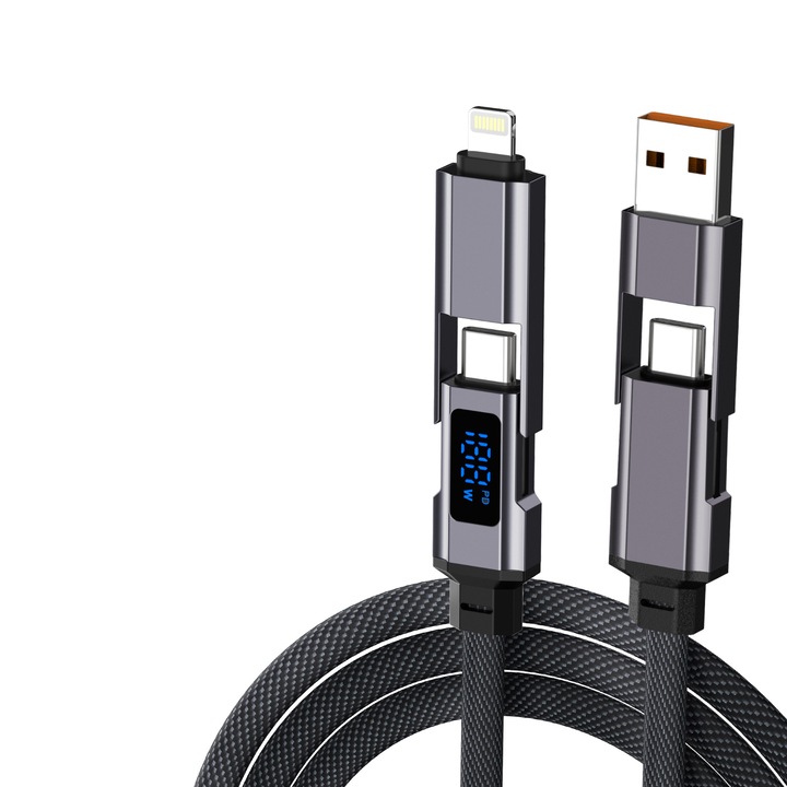 Cablu Date si Incarcare 4-in-1, 1.5m, 65W, Afisaj digital LED, Type-C, USB-A, Lightning, pentru telefonul laptop, Telefon, negru