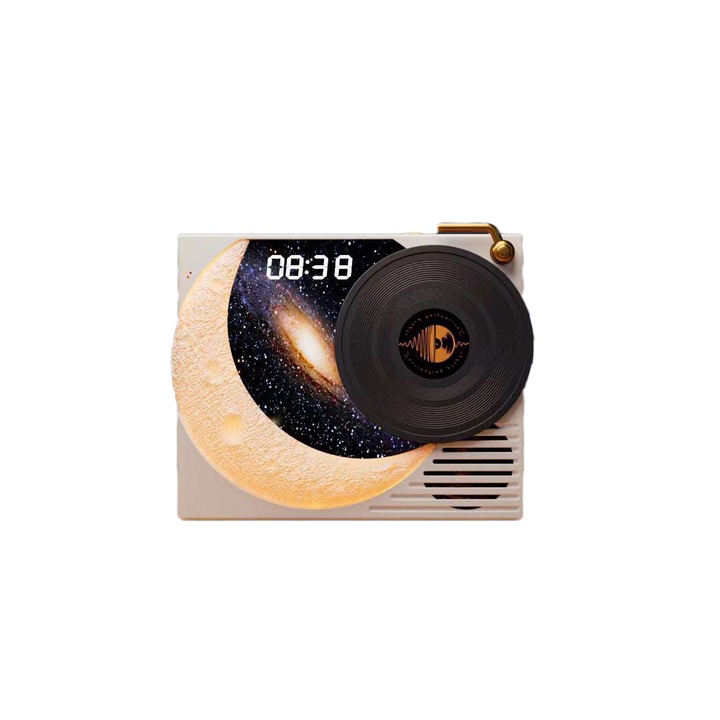 Boxa Bluetooth cu Ceas, ORBER, Lampa de Ambianta Retro, Gramofon Vintage Decorativ, Radio FM, Ecran LED, Sunet Surround 360°, Difuzor Portabil cu Baterie 1200mAh, Conexiune Bluetooth 5.3, Lumini Ambientale, alb
