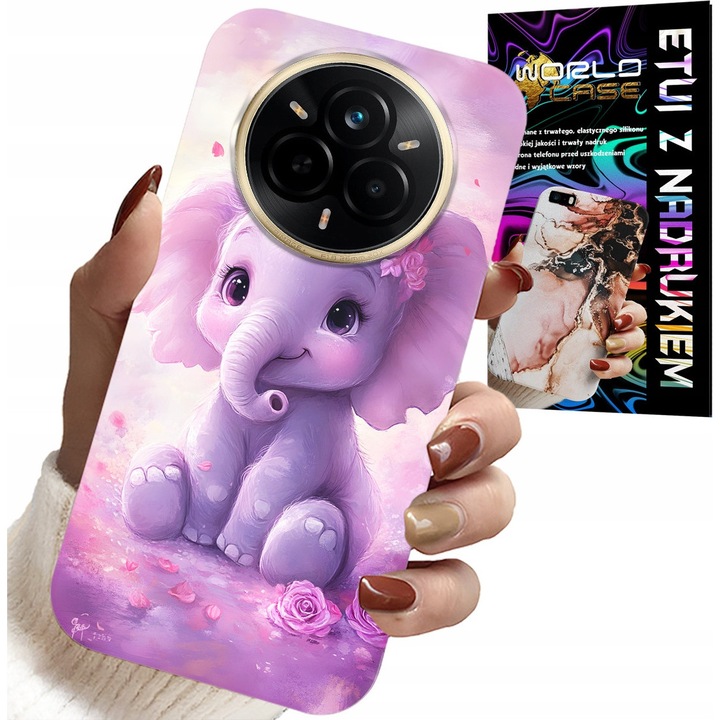 Szilikon tok Realme 14 Pro+ 5G-hez, World Case, elefánt mintás rózsaszín alapon, 0,2 cm