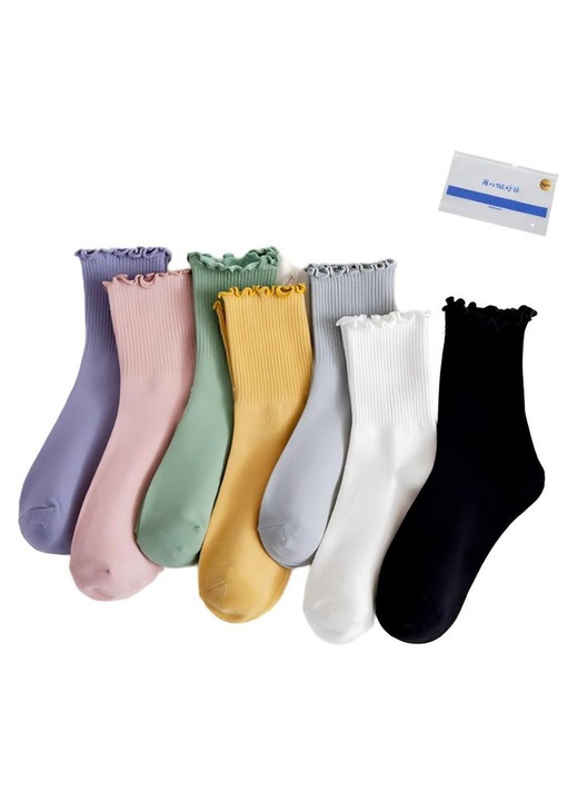 7 sets, Sosete dama，bumbac, Omelivon®, Design elegant cu tiv rulat，elastice, respirabile si confortabile, potrivite pentru sport, timp liber, afaceri, Alb, maro, negru