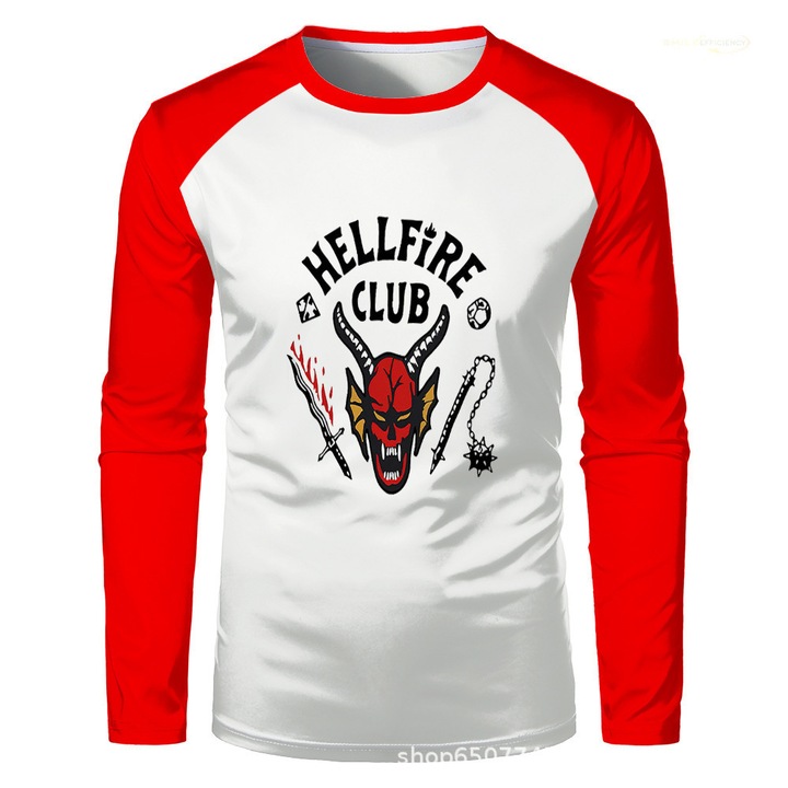 Bluza, tematica Stranger Things, imprimeu Hellfire Club, rosie, pentru copii